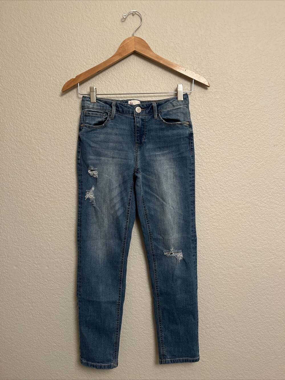 NEW So Jeans Girls Blue Skinny Leg Stretch Denim Faded Distressed Adjustable 12